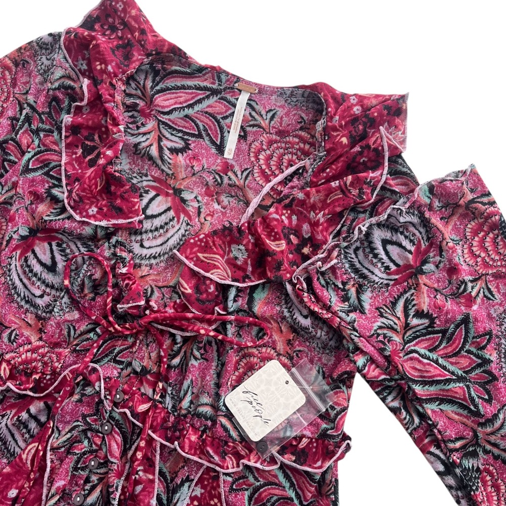 Free People Womens XS Raspberry Combo Ruffle Neck Tie Front Wildest Dreams Tunic